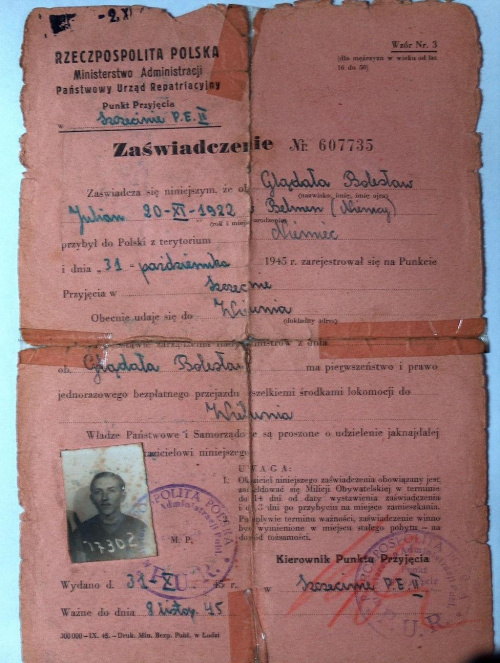 Zaświadczenie o przybyciu do Polski z terytorium Niemiec w 1945 roku - Bolesław Glądała